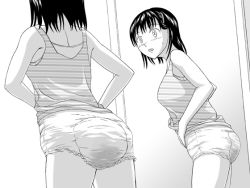 Rule 34 | 1girl, artist request, ass, diaper, from behind, mirror, monochrome, solo
