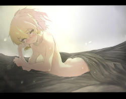 Rule 34 | 1girl, alternate eye color, arched back, ass, blanket, blonde hair, blush, border, collarbone, covering privates, covering breasts, letterboxed, light particles, looking at viewer, lying, mizuhashi parsee, nude, on bed, on stomach, pointy ears, ponytail, short hair, solo, sweat, touhou, watchi, yellow eyes