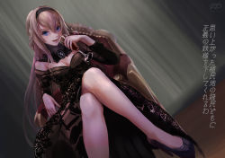 Rule 34 | 1girl, alcohol, alternate costume, armchair, blush, braid, breasts, chair, cup, dress, drinking glass, french braid, hair between eyes, haruto (harut n), high heels, highres, kantai collection, long dress, long hair, looking at viewer, medium breasts, pumps, shoes, sitting, smile, solo, vampire, warspite (kancolle), wine, wine glass