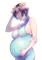 Rule 34 | 1girl, aneunyeoja, bare shoulders, big belly, breasts, brown hair, chromatic aberration, covered navel, dress, flower, flower wreath, frills, green dress, hand on own stomach, hand to head, hand up, large breasts, no bra, original, parted lips, pregnant, red eyes, ribbed dress, short hair, sideboob, simple background, skin tight, sleeveless, sleeveless dress, smile, solo, turtleneck, upper body, white background
