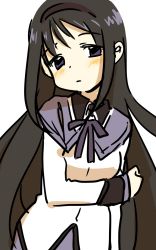 Rule 34 | 1girl, akemi homura, arm at side, black hair, black hairband, blush, clenched hand, closed mouth, dot nose, hair ornament, hairband, hand up, head tilt, highres, long hair, long sleeves, looking at viewer, mahou shoujo madoka magica, mahou shoujo madoka magica (anime), mebachi, neck ribbon, purple eyes, purple ribbon, raised eyebrow, ribbon, sidelocks, simple background, sleeve cuffs, solo, tareme, upper body, very long hair, white background, wing collar