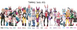 Rule 34 | 2022, 6+girls, abs, absurdres, animal ear fluff, animal ears, animal hands, bongfill, breasts, cat ears, cat tail, character name, cleavage, cleavage cutout, clothing cutout, colored skin, commentary, dark-skinned female, dark skin, detached sleeves, english commentary, flat chest, frame (bongfill), glasses, gloves, height difference, highres, horns, large breasts, leotard, lineup, little (bongfill), looking at viewer, medium breasts, multiple girls, muscular, muscular female, oni horns, original, paw gloves, playboy bunny, rabbit ears, rabbit tail, red skin, ribbed leotard, sideboob, skull (bongfill), small breasts, smile, stomach cutout, strapless, strapless leotard, tail, tank (bongfill), underboob