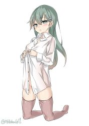 Rule 34 | 10s, 1girl, aqua eyes, aqua hair, bad id, bad twitter id, blush, bottomless, breasts, buttons, collared shirt, ebifurya, eyebrows, full body, gradient hair, groin, hair between eyes, hair ornament, hairclip, highres, inactive account, kantai collection, kneeling, long hair, long sleeves, looking at viewer, medium breasts, multicolored hair, no shoes, pink thighhighs, see-through, shirt, simple background, solo, suzuya (kancolle), thighhighs, twitter username, two-tone hair, unbuttoned, white background, white shirt