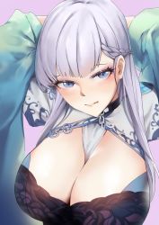 Rule 34 | 1girl, :q, absurdres, arms behind head, azur lane, bad id, bad pixiv id, belfast (azur lane), belfast (iridescent rosa) (azur lane), between breasts, blue eyes, braid, breasts, chain, cleavage, clothing request, collar, french braid, highres, large breasts, long hair, long sleeves, silver hair, solo, tongue, tongue out, upper body, wide sleeves, yamiiv