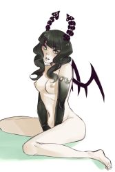 Rule 34 | 10s, 1girl, barefoot, black gloves, black hair, black rock shooter, breasts, dark nipples, dead master, elbow gloves, full body, gloves, green eyes, highres, horns, long hair, nipples, nude, pale skin, simple background, sitting, small breasts, solo, v arms, wariza, white background, wings, yatayo