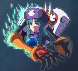 Rule 34 | . ., 1boy, 1girl, blue eyes, braid, clenched teeth, commentary request, green hair, hat, holding orb, looking at viewer, mega man (series), mega man battle network, mega man battle network (series), mega man battle network 1, miyu (mega man), nobuyu (77yusei), simple background, skullman.exe, teeth, twin braids, upper body