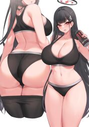 Rule 34 | 1girl, ass, black hair, black panties, blue archive, blunt bangs, blush, breasts, bright pupils, can, commentary request, from behind, gluteal fold, hair ornament, hairclip, halo, highres, holding, holding can, huge ass, huge breasts, kuavera, long hair, looking at viewer, monster energy, multiple views, panties, red eyes, rio (blue archive), simple background, thick thighs, thigh gap, thighs, underwear, very long hair, white background, white pupils