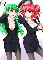 Rule 34 | 2girls, 300cm, breasts, cleavage, collared shirt, female focus, formal, frog, frog hair ornament, gradient background, green hair, hair bobbles, hair ornament, jacket, kochiya sanae, large breasts, multiple girls, musical note, no bra, office lady, onozuka komachi, open mouth, pantyhose, pencil skirt, quaver, red eyes, red hair, scythe, shirt, short twintails, simple background, skirt, skirt suit, snake, speech bubble, spoken musical note, suit, touhou, twintails, two side up, urokozuki, yellow eyes