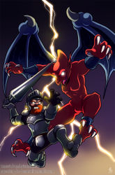 Rule 34 | 1boy, angry, armor, battle, beard, capcom, claws, demon wings, facial hair, flying, full body, jumping, knight, lance, makaimura, polearm, red arremer, sir arthur (makaimura), super ghouls n&rsquo; ghosts, thunder, weapon, white eyes, wings
