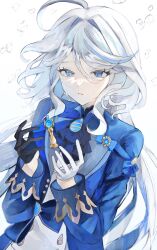 Rule 34 | ahoge, arubi 222, ascot, asymmetrical gloves, black gloves, blue ascot, blue bow, blue brooch, blue eyes, blue gemstone, blue hair, blue jacket, bow, chess piece, crying, crying with eyes open, curly hair, drop-shaped pupils, floating, floating object, furina (genshin impact), furrowed brow, gem, genshin impact, gloves, hair between eyes, hands up, heterochromia, highres, jacket, lapels, light blue hair, long hair, long sleeves, looking at object, mismatched gloves, multicolored hair, open clothes, open jacket, parted lips, sad, simple background, solo, streaked hair, swept bangs, symbol-shaped pupils, tears, two-tone hair, upper body, very long hair, waist bow, water drop, wavy hair, white background, white gloves, white hair
