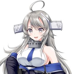 Rule 34 | 1girl, ahoge, bare shoulders, blue necktie, blush, breasts, collared shirt, grey eyes, headgear, highres, kantai collection, large breasts, long hair, necktie, open mouth, shirt, sideboob, silver hair, simple background, sleeveless, sleeveless shirt, smile, solo, tk8d32, upper body, washington (kancolle), white background, white shirt