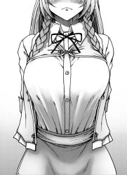 Rule 34 | 1girl, :&lt;, arms behind back, belt, blush, braid, breasts, chinese clothes, collared shirt, commentary, commentary request, embarrassed, gradient background, greyscale, hong meiling, jewelry, koyubi (littlefinger1988), large breasts, long hair, monochrome, necklace, no eyes, noren, shirt, simple background, sleeves rolled up, solo, tangzhuang, touhou, twin braids, unbuttoned, upper body
