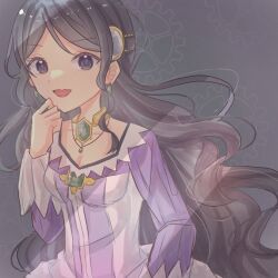 Rule 34 | 1girl, aquamarinu, black hair, breasts, brooch, cleavage, dress, earrings, evillious nendaiki, gears, grey background, hand to own mouth, highres, jewelry, long hair, long sleeves, looking at viewer, medium breasts, necklace, open mouth, prim marlon, prima, purple dress, purple eyes, shinon no tokeitou (vocaloid), smile, solo, upper body, very long hair, vocaloid, wavy hair