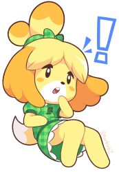 Rule 34 | !, 1girl, absurdres, animal crossing, animal ears, artist name, barefoot, black eyes, blonde hair, blush stickers, bow, dog ears, dog girl, dog tail, dress, female focus, flat chest, full body, furry, furry female, green bow, green dress, green ribbon, hair bow, hair ribbon, hand up, highres, isabelle (animal crossing), nintendo, open mouth, plaid, plaid dress, puffy short sleeves, puffy sleeves, ribbon, short hair, short sleeves, signature, simple background, solo, starbirbz, tail, teeth, topknot, white background