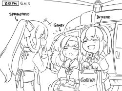 Rule 34 | +++, 3girls, :d, aircraft, apron, arrow (symbol), bag, blush, character name, closed eyes, collared shirt, comic, commentary, crossover, duffel bag, english commentary, flying sweatdrops, gambier bay (kancolle), girls&#039; frontline, greyscale, guin guin, hair between eyes, hairband, hand to own mouth, helicopter, high ponytail, holding, holding bag, intrepid (kancolle), kantai collection, long hair, long sleeves, monochrome, multiple girls, neck ribbon, neckerchief, open mouth, pants, paper bag, pleated skirt, ponytail, profile, puffy long sleeves, puffy short sleeves, puffy sleeves, ribbon, shirt, short sleeves, skirt, sleeves past wrists, smile, springfield (girls&#039; frontline), very long hair