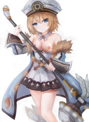 Rule 34 | 1girl, bare legs, bare shoulders, blanc (neptunia), blue eyes, blush, breasts, brown hair, cleavage, coat, dress, frown, fur trim, hair between eyes, hammer, hat, highres, holding, holding hammer, holding weapon, looking at viewer, neptune (series), nipples, short hair, simple background, small breasts, solo, spaghetti strap, suterisu, weapon, white background, white dress