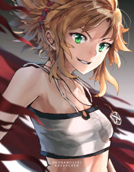 Rule 34 | 1girl, advarcher, bare shoulders, blonde hair, braid, breasts, fate/apocrypha, fate/grand order, fate (series), green eyes, hair ornament, hair scrunchie, highres, jewelry, looking at viewer, mordred (fate), mordred (fate/apocrypha), mordred (memories at trifas) (fate), necklace, ponytail, red scrunchie, scrunchie, small breasts, smile, solo