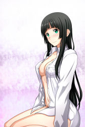 Rule 34 | 10s, 1girl, black hair, blush, breasts, cleavage, collarbone, flying witch, green eyes, highres, hime cut, kenken, kneeling, kowata makoto, long hair, medium breasts, naked shirt, navel, open clothes, open shirt, shirt, smile, solo, white shirt