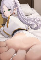 Rule 34 | 1girl, absurdres, barefoot, bed, book, feet, footer@unyaaan, frieren, green eyes, grey hair, harutchi, highres, long hair, looking at viewer, looking back, on stool, parted lips, pointy ears, pov, soles, sousou no frieren, toes, twintails