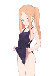 Rule 34 | 1girl, abigail williams (fate), absurdres, alternate hairstyle, blonde hair, blue eyes, blue one-piece swimsuit, breasts, closed mouth, fate/grand order, fate (series), highres, jilu, long hair, looking at viewer, one-piece swimsuit, simple background, small breasts, smile, solo, swimsuit, thighs, twintails, white background