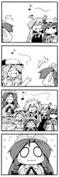 Rule 34 | &gt;:d, 4koma, 6+girls, :3, :d, ^^^, bad id, bad pixiv id, bat wings, chibi, comic, crescent, closed eyes, fang, female focus, flying sweatdrops, greyscale, hat, head wings, hong meiling, izayoi sakuya, jitome, koakuma, maid, maid headdress, monochrome, multiple girls, music, musical note, no mouth, o o, open mouth, patchouli knowledge, remilia scarlet, silent comic, singing, smile, star (symbol), sweat, touhou, uccow, v-shaped eyebrows, wings