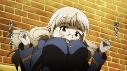 Rule 34 | 1girl, alternate breast size, animated, animated gif, blonde hair, bouncing breasts, breasts, glasses, long hair, lowres, perrine h. clostermann, screencap, solo, strike witches, w arms, world witches series