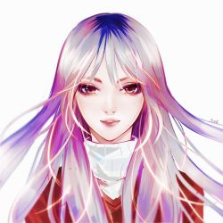 Rule 34 | 1girl, brown eyes, commentary request, copyright request, floating hair, highres, kaoruru (sakuno2911), lipstick, long hair, looking at viewer, makeup, multicolored hair, parted lips, purple hair, red lips, ribbed sweater, signature, silver hair, simple background, smile, solo, sweater, upper body, white background, white sweater