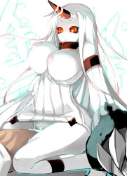 Rule 34 | 10s, 1boy, 1girl, abyssal ship, bare shoulders, blush, bouncing breasts, breasts, breasts out, claws, clothed sex, colored skin, detached sleeves, dress, glowing, glowing eyes, hetero, highres, horns, kantai collection, kneehighs, large breasts, long hair, nipples, pale skin, red eyes, ribbed dress, seaport princess, sex, shiki (psychedelic g2), short dress, sideboob, simple background, single horn, socks, solo focus, white background, white hair, white skin, white socks