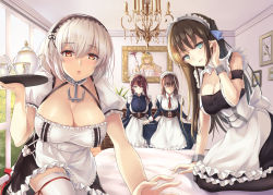 Rule 34 | 4girls, apron, azur lane, blue eyes, blush, bow, braid, breasts, brown hair, choker, cleavage, collarbone, cup, curacoa (azur lane), curlew (azur lane), dress, frills, hair between eyes, hair bow, hair ornament, hairband, holding, holding tray, jewelry, juliet sleeves, kneeling, lace-trimmed hairband, lace trim, large breasts, long hair, long sleeves, looking at viewer, maid, maid headdress, medium breasts, multiple girls, newcastle (azur lane), open mouth, pov, puffy sleeves, purple hair, queen elizabeth (the queen&#039;s ball) (azur lane), reaching, reaching towards viewer, red eyes, remodel (azur lane), ribbon, short hair, short sleeves, side braid, sidelocks, single braid, sirius (azur lane), smile, teacup, teapot, thighhighs, tray, white hair, white legwear, yuemanhuaikong