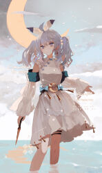 Rule 34 | 1girl, artist name, detached sleeves, dress, grey eyes, grey hair, hair ornament, highres, holding, moon, night, original, qtonagi, solo, standing, twintails, water, white dress