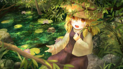 Rule 34 | 1girl, absurdres, blonde hair, blurry, blush, commentary request, day, depth of field, ekaapetto, flower, hair between eyes, hair ribbon, hand on own chest, hat, high collar, highres, lily pad, long sleeves, looking at viewer, lotus, medium hair, moriya suwako, open mouth, outdoors, purple skirt, purple vest, ribbon, rock, shirt, sidelocks, sitting, sitting on rock, skirt, solo, touhou, tree, vest, water, white shirt, yellow eyes