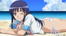 Rule 34 | 15 bishoujo hyouryuuki, 1girl, ass, beach, blue hair, blue sky, breasts, female focus, grin, highres, long hair, looking at viewer, lying, medium breasts, model, modeling, no bra, on stomach, one eye closed, open clothes, panties, purple eyes, sand, school uniform, sky, smile, solo, stitched, the pose, third-party edit, underwear, water, white panties, wink, yotsuya kotoko