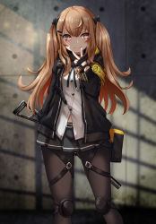 Rule 34 | 1girl, black pantyhose, blush, brown eyes, brown hair, fingerless gloves, girls&#039; frontline, gloves, hair ornament, hairclip, highres, jacket, knee pads, long hair, looking at viewer, midriff peek, pantyhose, scar, scar across eye, scar on face, shirt, skirt, sokosoko fuan, solo, standing, thigh strap, twintails, ump9 (girls&#039; frontline), v, white shirt, yellow pupils