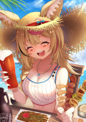 Rule 34 | 1girl, ^ ^, ahoge, alcohol, alternate costume, animal ear fluff, animal ears, beer, blonde hair, blue bow, blue sky, blush, bow, braid, breasts, chair, cleavage, closed eyes, commentary request, cup, day, drinking glass, ears through headwear, facial mark, facing viewer, food, food request, fox ears, fox girl, hair over shoulder, hands up, hat, hat bow, highres, holding, holding cup, holding food, hololive, jewelry, kaigan, kebab, long hair, medium breasts, multicolored hair, navel, necklace, noodles, omaru polka, open mouth, outdoors, pink hair, side braid, single braid, sky, smile, solo, straw hat, streaked hair, table, tank top, teeth, upper body, upper teeth only, virtual youtuber, white tank top, zain (omaru polka)