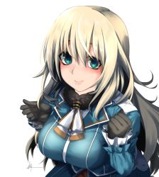 Rule 34 | 1girl, atago (kancolle), bad id, bad pixiv id, black gloves, blonde hair, breasts, frilled sleeves, frills, gloves, green eyes, hair between eyes, highres, kantai collection, large breasts, long hair, long sleeves, military, military uniform, nmz (namazu), simple background, smile, solo, uniform, upper body, white background