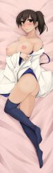 Rule 34 | 10s, 1girl, absurdres, ass, black thighhighs, blush, breasts, brown eyes, brown hair, cleavage, collarbone, dakimakura (medium), female focus, full body, gradient background, highres, huge filesize, kaga (kancolle), kantai collection, large areolae, large breasts, looking at viewer, lying, nipples, off shoulder, on side, open mouth, side ponytail, solo, tears, thighhighs, zekkyon