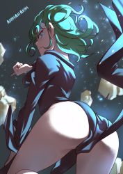 Rule 34 | 1girl, animahakim, arched back, ass, bad id, bad twitter id, black dress, commentary, curly hair, dress, english commentary, flipped hair, floating rock, from behind, green eyes, green hair, highleg, highleg dress, highres, looking back, no panties, one-punch man, pointing, pointing forward, short hair, side slit, solo, tatsumaki, telekinesis