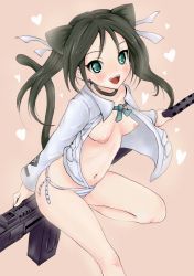 Rule 34 | 1girl, animal ears, black hair, blush, breasts, cat ears, cat tail, esora koto, fang, francesca lucchini, green eyes, gun, hair ribbon, long hair, machine gun, navel, nipples, no bra, open clothes, open mouth, open shirt, panties, ribbon, shirt, small breasts, smile, solo, strike witches, striped clothes, striped panties, tail, twintails, underwear, uniform, weapon, world witches series