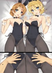Rule 34 | 10s, 1boy, 2girls, animal ears, armpits, bare shoulders, bed, bed sheet, black bow, black bowtie, black legwear, black leotard, blonde hair, blue eyes, bow, bowtie, braid, breasts, breath, cleavage, collarbone, comic, darjeeling (girls und panzer), fake animal ears, from above, girls und panzer, groin, hair bow, hand on another&#039;s stomach, heavy breathing, holding hands, large breasts, leotard, lying, multiple girls, on back, on bed, orange hair, orange pekoe (girls und panzer), pantyhose, playboy bunny, pov, pov hands, rabbit ears, short hair, small breasts, strapless, strapless leotard, tsurusaki takahiro, wrist cuffs