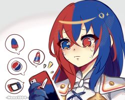 Rule 34 | 1girl, alear (female) (fire emblem), alear (fire emblem), among us, among us eyes (meme), blue eyes, blue hair, bow, cellphone, colgate, color connection, fire emblem, fire emblem engage, food, heterochromia, highres, meme, multicolored hair, nintendo, nintendo switch, none1504, pepsi, phone, popsicle, red eyes, red hair, smartphone, solo, sweat, tears, toothpaste, watermark, white bow