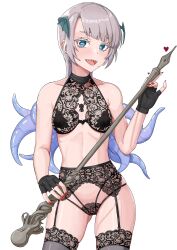 Rule 34 | 1girl, absurdres, black gloves, blue eyes, bra, cane, collarbone, colored eyelashes, cowboy shot, fingerless gloves, floral print, gloves, grey hair, halterneck, head wings, heart, highres, holding, holding cane, horizontal pupils, indie virtual youtuber, kuon bb, lace, lace-trimmed thighhighs, lace bra, lace garter belt, lace panties, long hair, mole, mole under mouth, octopus, open mouth, panties, pochimaru (vtuber), red nails, sharp teeth, solo, teeth, tentacle hair, thighhighs, underwear, underwear only, virtual youtuber, wings