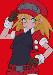 Rule 34 | 1girl, absurdres, adjusting clothes, adjusting headwear, black bodysuit, blonde hair, blush, bodysuit, breasts, buzzlyears, cabbie hat, commentary, covered collarbone, covered navel, cropped jacket, glowing, green eyes, hat, highres, jacket, mega man (series), mega man legends (series), open clothes, open jacket, red hat, red shorts, roll caskett (mega man), shorts, small breasts, solo