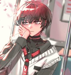 Rule 34 | 1boy, black choker, black hair, blurry, blurry background, cherry blossoms, choker, closed mouth, commentary, english commentary, facing viewer, falling petals, gradient hair, hair between eyes, highres, holostars, holostars english, joan64rk, looking outside, looking to the side, machina x flayon, machina x flayon (2nd costume), male focus, multicolored hair, o-ring strap, petals, red hair, short hair, sidelighting, solo, sweater vest, two-tone hair, upper body, virtual youtuber, window