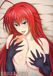Rule 34 | 1girl, ahoge, artist name, bed sheet, black gloves, blue eyes, breasts, collarbone, commentary, crossed bangs, elbow gloves, english commentary, gloves, grabbing own breast, hair between eyes, high school dxd, large breasts, long hair, looking at viewer, lying, minaisu, nipples, nude, on back, open mouth, paid reward available, red hair, rias gremory, solo, tongue, tongue out, unaligned breasts