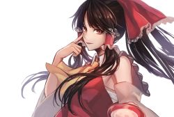 Rule 34 | 1girl, ascot, black hair, bow, commentary, detached sleeves, eyebrows hidden by hair, finger to cheek, frilled bow, frilled hair tubes, frills, from side, hair bow, hair tubes, hakurei reimu, highres, long hair, looking at viewer, looking to the side, nekushiro, parted bangs, parted lips, ponytail, red bow, red eyes, red vest, sarashi, sidelocks, simple background, smile, solo, touhou, upper body, vest, white background, yellow ascot