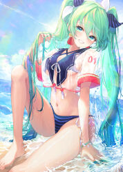 Rule 34 | 1girl, barefoot, bikini, bikini under clothes, blush, bracelet, breasts, commentary, criss-cross halter, day, duplicate, ear piercing, green eyes, green hair, grin, hair ribbon, halterneck, hatsune miku, highres, holding, holding own hair, jewelry, knee up, long hair, looking at viewer, medium breasts, navel, ocean, outdoors, piercing, pistachiocream, pixel-perfect duplicate, ribbon, sailor collar, see-through, see-through shirt, shirt, sitting, smile, solo, striped bikini, striped clothes, swimsuit, symbol-only commentary, twintails, vocaloid, wet, wet clothes, wet hair, wet shirt