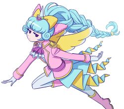 Rule 34 | 1girl, ascot, blue hair, boots, bow, braid, braided ponytail, closed mouth, epaulettes, gloves, hair bow, highres, horns, jacket, lau (laustar30), leaning forward, leg up, long hair, long sleeves, looking at viewer, pants, personification, pink footwear, pink jacket, pretty series, pripara, purple eyes, simple background, single horn, solo, standing, unicorn (pripara), unicorn girl, very long hair, white ascot, white background, white gloves, white pants, yellow bow, yellow wings