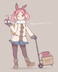 Rule 34 | 1girl, ;), alternate costume, animal ears, backpack, bag, black pantyhose, blue gloves, blue skirt, boots, box, brown footwear, coat, commentary request, duffel coat, earmuffs, fake animal ears, gift, gift box, gloves, grey background, hair bobbles, hair ornament, highres, holding, holding gift, kantai collection, one eye closed, pantyhose, pink eyes, pink hair, pleated skirt, pori (poritan81), rabbit, rabbit ears, sazanami (kancolle), short hair, simple background, skirt, smile, twintails, valentine, white coat, yellow bag