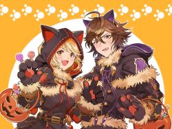 Rule 34 | 1boy, 1girl, ahoge, animal ear hairband, animal ears, animal hands, animal hood, belt, blonde hair, blush, brown eyes, brown hair, candy, capelet, cat ear hairband, cat ears, cat hood, cat paws, coat, commentary, commentary request, cowboy shot, cross-laced clothes, cunonn, djeeta (granblue fantasy), embarrassed, fake animal ears, fang, food, fur-trimmed capelet, fur-trimmed coat, fur-trimmed gloves, fur trim, gloves, granblue fantasy, hair between eyes, hairband, halloween bucket, halloween costume, holding, holding candy, holding food, hood, hood down, hood up, light blush, lollipop, looking at viewer, messy hair, open mouth, orange background, paw print, paw print background, red eyes, sandalphon (granblue fantasy), short hair, smile, sweatdrop