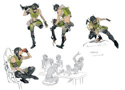 Rule 34 | 2boys, 2girls, apex legends, arm tattoo, black headwear, can, character name, cropped vest, crossed legs, double bun, drinking, goggles, gun, hair behind ear, hair bun, holding, holding can, holding gun, holding weapon, iwamoto zerogo, laughing, lifeline (apex legends), looking to the side, mechanical legs, midriff, mirage (apex legends), missing limb, multiple boys, multiple girls, multiple views, navel, octane (apex legends), over shoulder, prosthesis, prosthetic leg, short hair, sitting, sliding, table, tattoo, vest, wattson (apex legends), weapon, white background